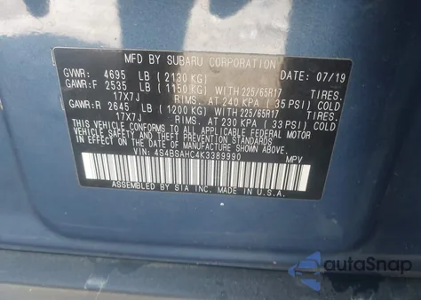 2019 Subaru Outback 2.5I Premium z USA, uszkodzony, nr VIN 4S4BSAHC4K3389990